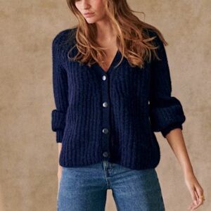 Sezane Basile Alpaca and Wool V Neck Long Sleeve Cardigan in Navy Size Small